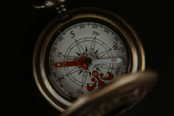 Antique brass compass with red needle and cardinal directions marked on white face against black background.